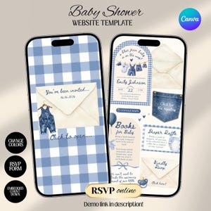 Blue Jean Baby Shower Digital Website Invitation, Trackable RSVP (Digital Canva Template)