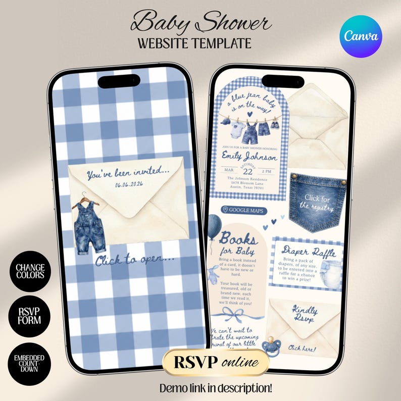 Blue Jean Baby Shower Digital Website Invitation, Trackable RSVP (Digital Canva Template)