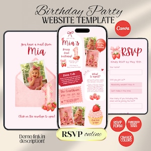 Strawberry Berry First Birthday Interactive Web Invitation with Online RSVP, Countdown (Digital Canva Template) 1st Birthday Digital Invite
