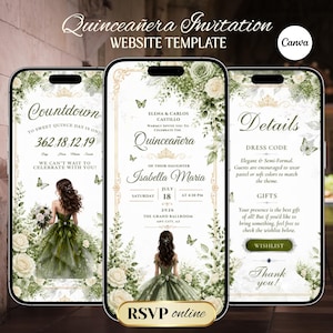 Quinceañera Digital Invitation Website with Online RSVP Countdown Music (Canva Template) Sage Green