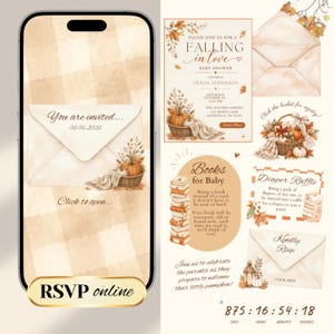 Puede incluir: Un conjunto de invitaciones digitales para baby shower con ilustraciones en acuarela de calabazas, hojas de otoño y cestas. El diseño incluye texto para una rifa de pañales, solicitud de libros y detalles de confirmación de asistencia RSVP.