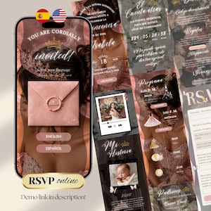 May include: A digital mobile invitation template for a Quinceañera featuring a pink envelope with a crown wax seal, a countdown timer, event schedule, photo placeholders, and RSVP form. The interface includes language selection buttons for English and Spanish.