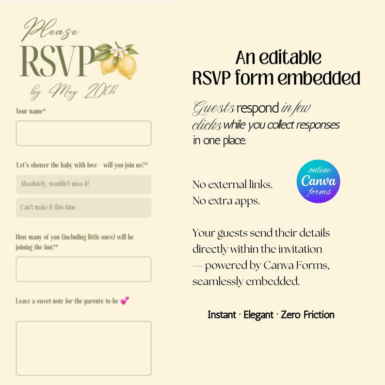 Lemon Baby Shower Website Invitation with Online RSVP, Countdown, Registry Diaper Raffle (Digital Canva Template)