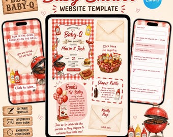 Invitación web para baby shower con barbacoa Baby-Q, confirmación de asistencia rastreable (plantilla de Canva)
