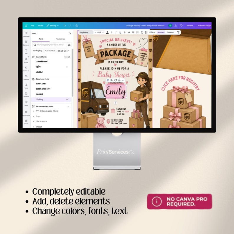 Package Delivery Baby Shower Website Template with Online RSVP | UPS-Inspired | Canva Template