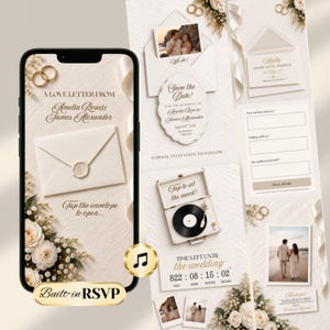Op de afbeelding: Een digitale trouwuitnodigingsset op een smartphone en als kaarten. Het bevat een envelop met waszegel, gouden ringen, witte rozen, een platenspeler-afbeelding, een afteltimer en fotoplaatsaanduidingen met tekst zoals A Love Letter From.