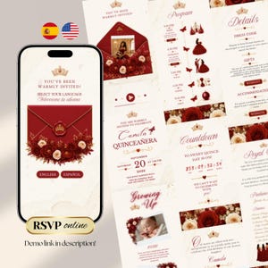 May include: A digital invitation template for a Quinceañera displayed on a smartphone screen and multiple printed cards. The design features a cream background, deep red roses, gold crown icons, and elegant typography with text in English and Spanish.