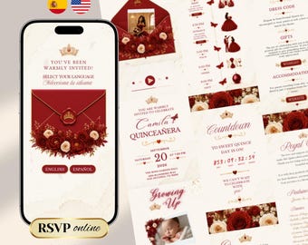 Bilingual Quinceañera Digital Invitation Website with RSVP Music (Canva Template) Red Gold Floral