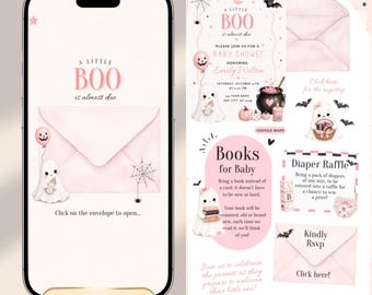 May include: A digital baby shower invitation template featuring a pink and white theme with ghost illustrations, a cauldron, and bats. The text reads A LITTLE BOO is almost due, with sections for a diaper raffle, book request, and RSVP links.