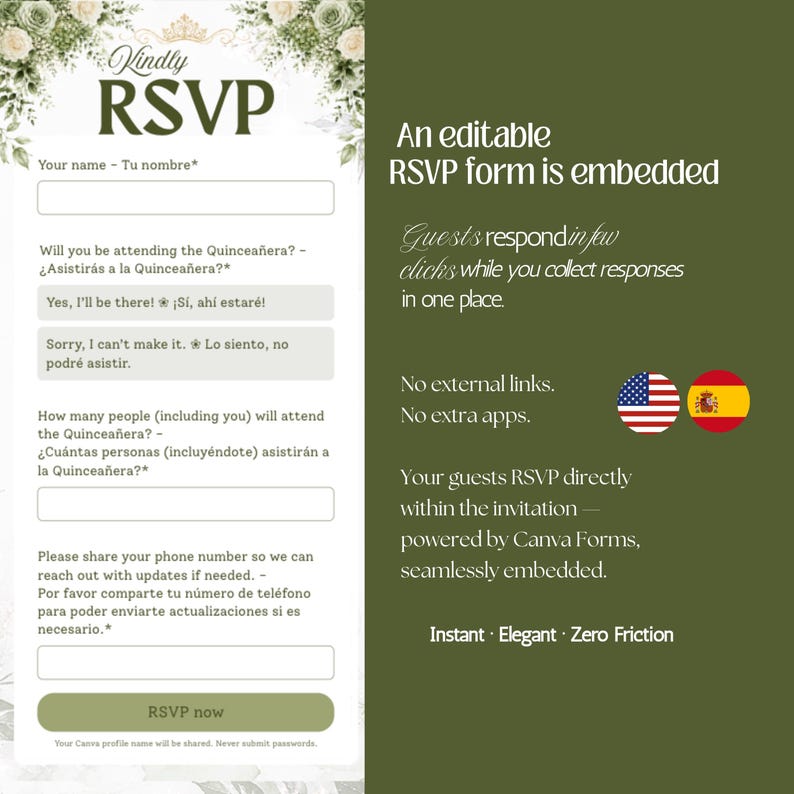 Quinceañera Digital Invitation Website with Online RSVP Countdown Music (Canva Template) Sage Green