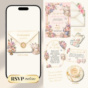 May include: A digital invitation set for a baby shower featuring tea party illustrations. The design includes a cream envelope with a wax seal, floral arrangements, teapots, teacups, and tiered dessert stands. Text includes Time for tea, Books for Baby, and Diaper Raffle.