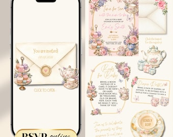 High Tea Party Baby Shower Digital Animated Website Invite, Trackable RSVP (Canva Template)
