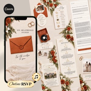 Peut inclure: Une invitation de mariage numérique affichée sur un écran de smartphone avec une enveloppe couleur rouille scellée à la cire, le texte "YOU ARE CORDIALLY INVITED!" et "Tap the envelope to open," entourée de compositions florales et papeterie.
