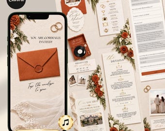 Burnt Orange Fall Terracotta Animated Digital Wedding Invitation Website Online RSVP, Music (Canva Template)