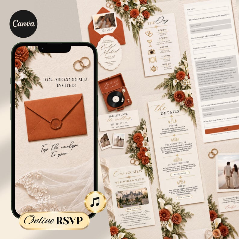 Burnt Orange Fall Terracotta Animated Digital Wedding Invitation Website Online RSVP, Music (Canva Template)
