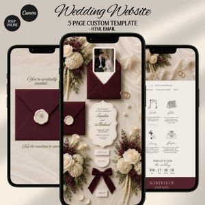 Burgundy Ivory Floral Old Money Digital Wedding Invitation Website: Online RSVP, Countdown, Digital Download Canva Template
