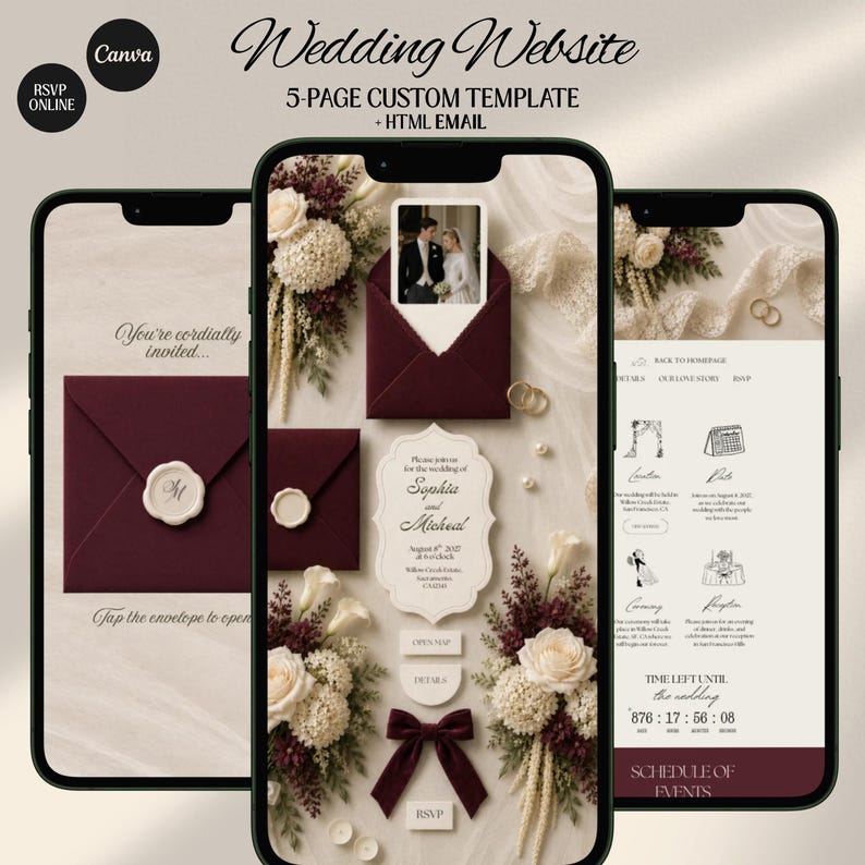 Burgundy Ivory Floral Old Money Digital Wedding Invitation Website: Online RSVP, Countdown, Digital Download Canva Template