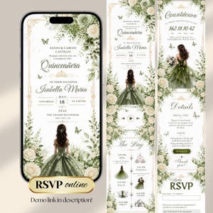K&ouml;nnte beinhalten: Eine digitale Einladung f&uuml;r eine Quincea&ntilde;era mit den Namen Elena & Carlos Castillo und ihrer Tochter Isabella Maria. Das Design umfasst florale Akzente, Schmetterlinge und Eventdetails. RSVP online.