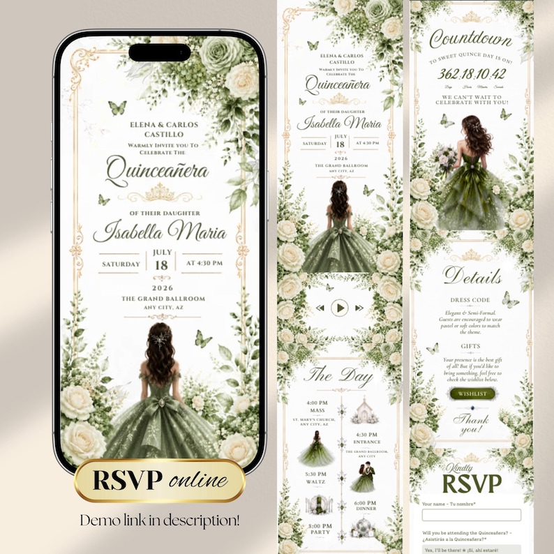 K&ouml;nnte beinhalten: Eine digitale Einladung f&uuml;r eine Quincea&ntilde;era mit den Namen Elena & Carlos Castillo und ihrer Tochter Isabella Maria. Das Design umfasst florale Akzente, Schmetterlinge und Eventdetails. RSVP online.