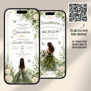 Quinceañera Digital Invitation Website with Online RSVP Countdown Music (Canva Template) Sage Green