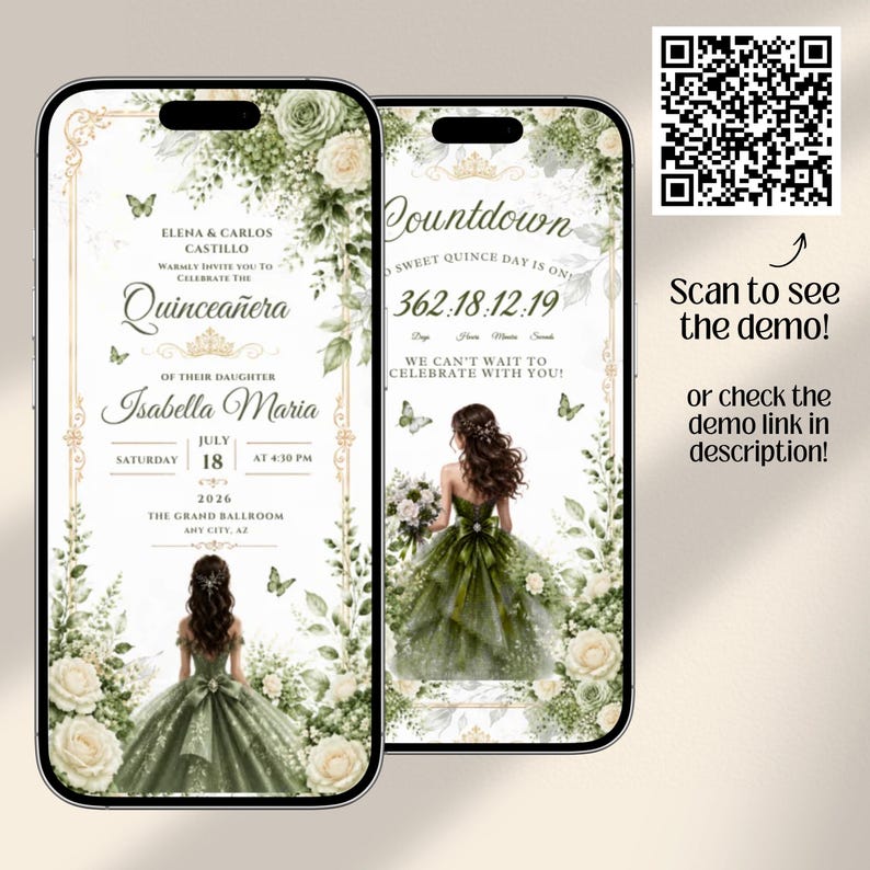Quinceañera Digital Invitation Website with Online RSVP Countdown Music (Canva Template) Sage Green