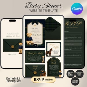 Interactive Preppy Teddy Baby Shower Web Invitation Online RSVP & Countdown | Digital Download Canva Template
