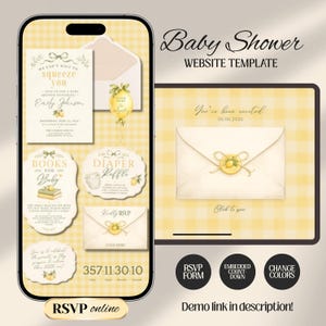 Lemon Baby Shower Website Invitation with Online RSVP, Countdown, Registry Diaper Raffle (Digital Canva Template)