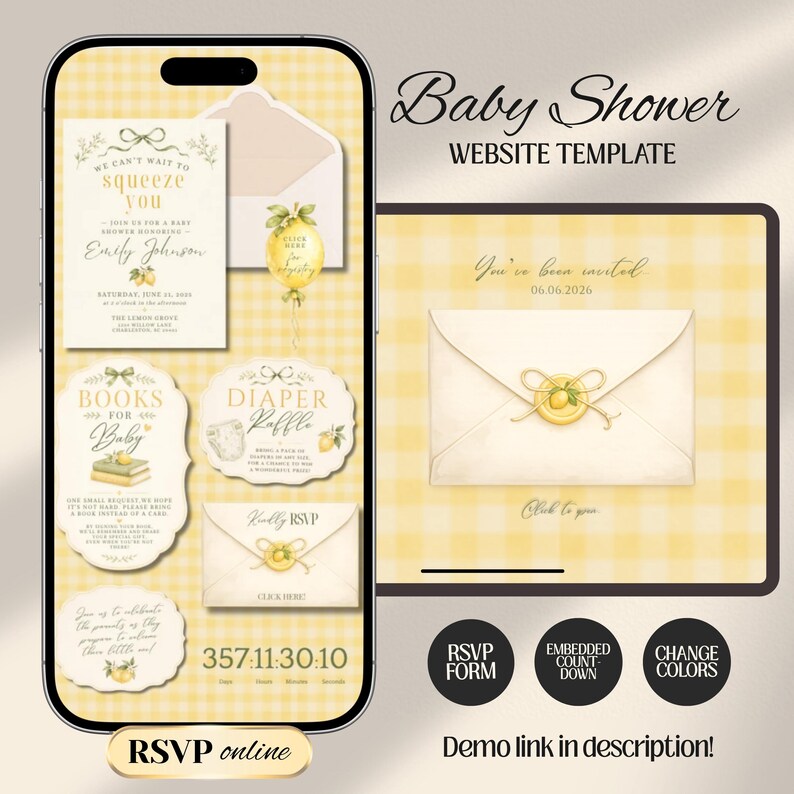 Lemon Baby Shower Website Invitation with Online RSVP, Countdown, Registry Diaper Raffle (Digital Canva Template)