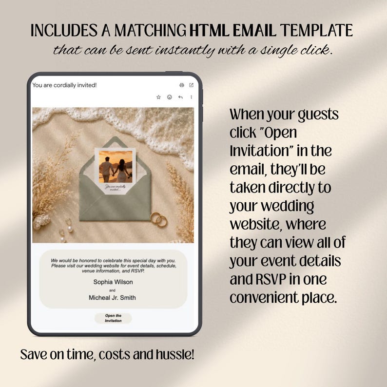 Coastal Wedding Website Template with HTML Email: Beach Wedding Digital Invitation RSVP, Music Digital Download Canva Template) image 3