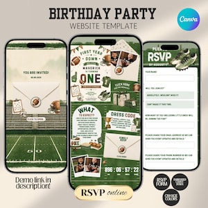 May include: A digital birthday party website template for mobile devices featuring a football theme. The design includes green field graphics, footballs, jerseys, and RSVP forms with text such as First Year Down, Maverick Is Turning One.