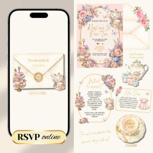 Puede incluir: Un conjunto de invitaciones digitales con un smartphone que muestra un sobre con un sello de cera, junto a tarjetas decoradas con arreglos florales, teteras, cupcakes y mariposas. El texto incluye 'You are invited!', 'Kensley's 1st Par-Tea' y 'RSVP online'.