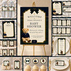 May include: A baby shower stationery set featuring a navy blue and cream color scheme with a teddy bear motif and plaid accents. The collection includes a welcome sign, water bottle labels, advice cards, menu cards, and cupcake toppers.