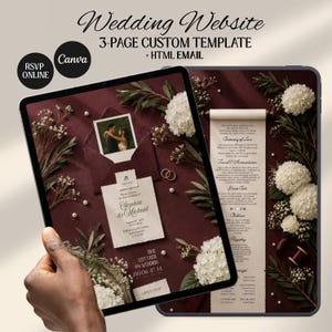 Op de afbeelding: Een digitale trouwwebsite-sjabloon op een tablet. Het ontwerp heeft een bordeauxrode achtergrond met bloemaccenten, een foto en huwelijksdetails. Tekst bevat "Wedding Website" en "3-PAGE CUSTOM TEMPLATE + HTML EMAIL."
