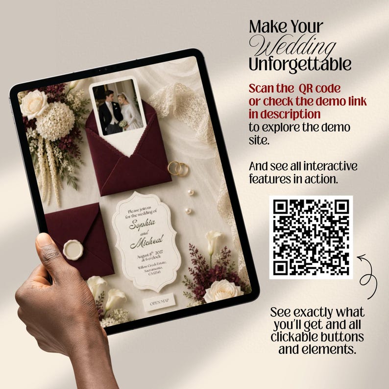Burgundy Ivory Floral Old Money Digital Wedding Invitation Website: Online RSVP, Countdown, Digital Download Canva Template