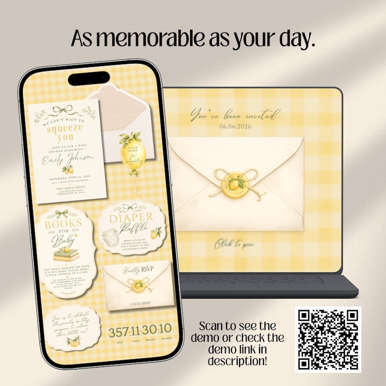 Lemon Baby Shower Website Invitation with Online RSVP, Countdown, Registry Diaper Raffle (Digital Canva Template)