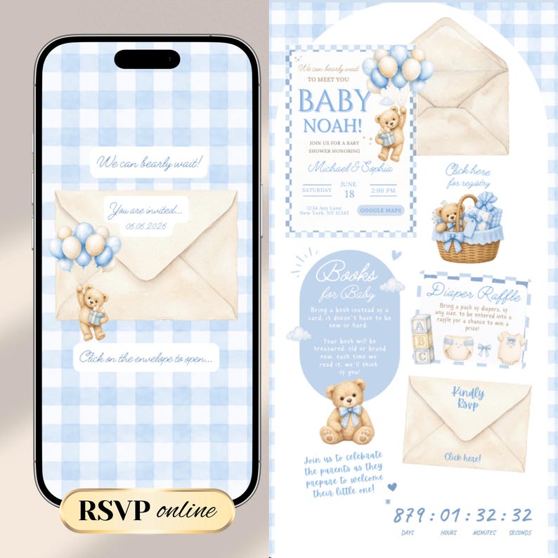 We Can Bearly Wait Baby Shower Website Invitation Template with Trackable RSVP & Countdown | Teddy Bear  (Digital Download)