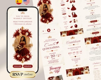 Bilingual Quinceañera Digital Invitation Website with RSVP Music (Canva Template) Red Gold Floral