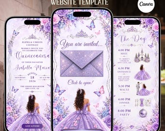 Quinceañera Digital Invitation Website with Online RSVP Countdown Music (Digital Download Canva Template) Lilac Pink