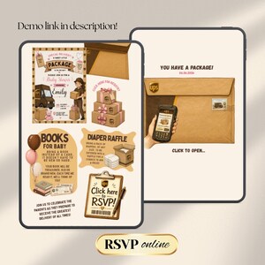 Puede incluir: Invitaci&oacute;n digital para baby shower con tema de UPS. El dise&ntilde;o incluye ilustraciones de paquetes, un cami&oacute;n UPS y el texto "Baby Shower" y "RSVP online".