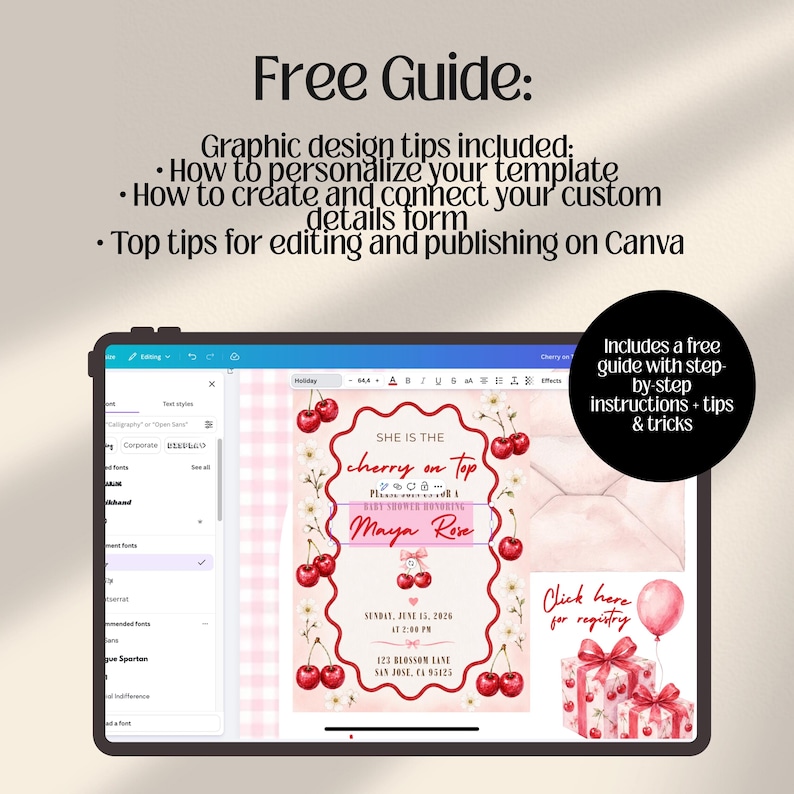 Cherry on Top Baby Shower Website Invitation with online RSVP Countdown Music (Digital Canva Template)