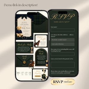 Interactive Preppy Teddy Baby Shower Web Invitation Online RSVP & Countdown | Digital Download Canva Template