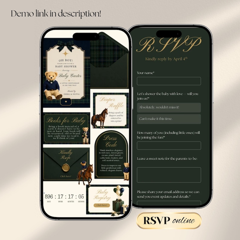 Interactive Preppy Teddy Baby Shower Web Invitation Online RSVP & Countdown | Digital Download Canva Template