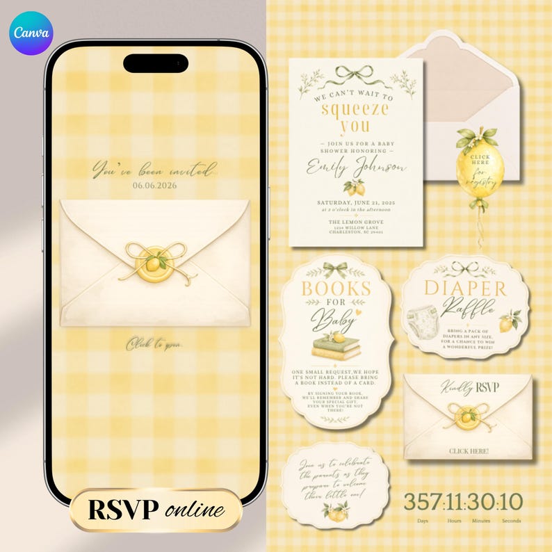Lemon Baby Shower Website Invitation with Online RSVP, Countdown, Registry Diaper Raffle (Digital Canva Template)
