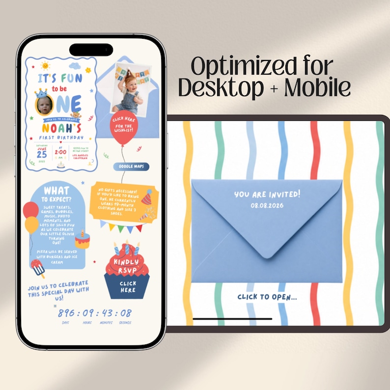 Fun to be One Boy 1st Birthday Web Invitation with RSVP and Countdown | Digital Download Canva Template