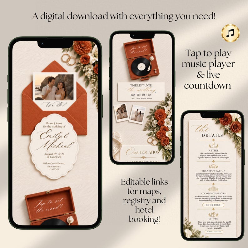 Burnt Orange Fall Terracotta Animated Digital Wedding Invitation Website Online RSVP, Music (Canva Template)