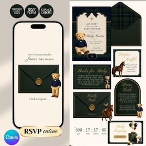 Interactive Preppy Teddy Baby Shower Web Invitation Online RSVP & Countdown | Digital Download Canva Template