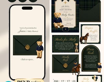 Interactive Preppy Teddy Baby Shower Web Invitation Online RSVP & Countdown | Digital Download Canva Template