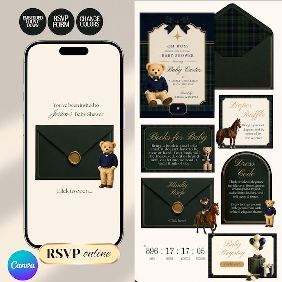 Interactive Preppy Teddy Baby Shower Web Invitation Online RSVP & Countdown | Digital Download Canva Template