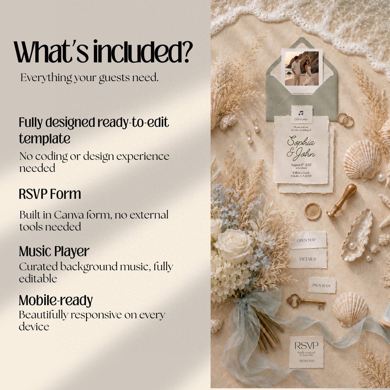 Coastal Wedding Website Template with HTML Email: Beach Wedding Digital Invitation RSVP, Music Digital Download Canva Template)
