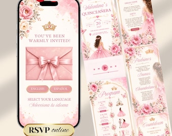 Blush Pink Quinceañera Digital Invitation Website with RSVP Countdown Music (Canva Template) Bilingual